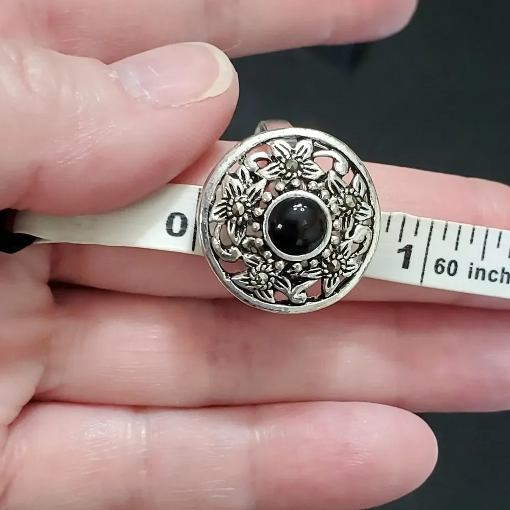 Silver plated black onyx ring with marcasite size 8.5